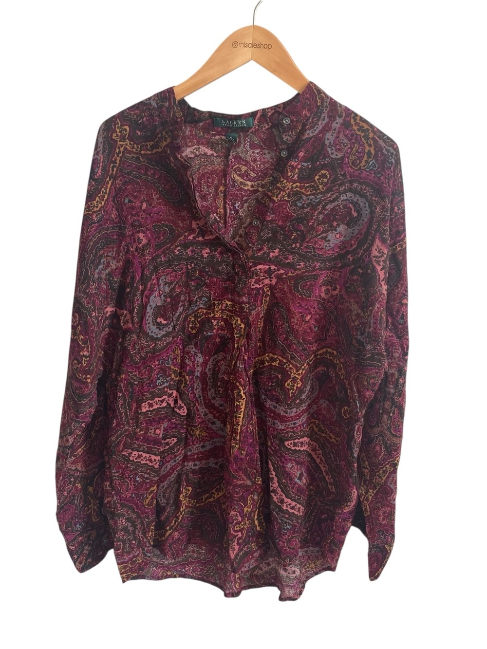 Lauren Ralph Lauren Burgundy Purple Paisley Cotton Popover Long Sleeve Top XL